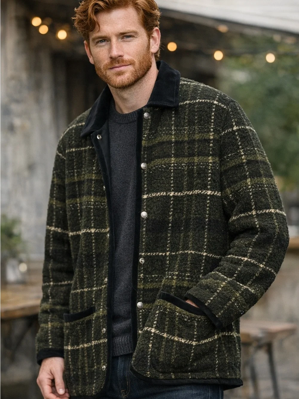 Banana Republic Olive Plaid Snap-Front Jacket with Black Collar